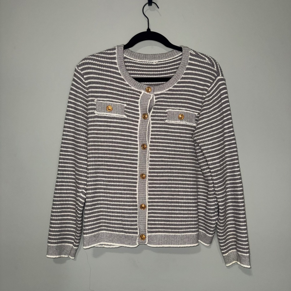 Womens Grey White Striped Knit Cardigan Gold Crest Button Sweater Size L